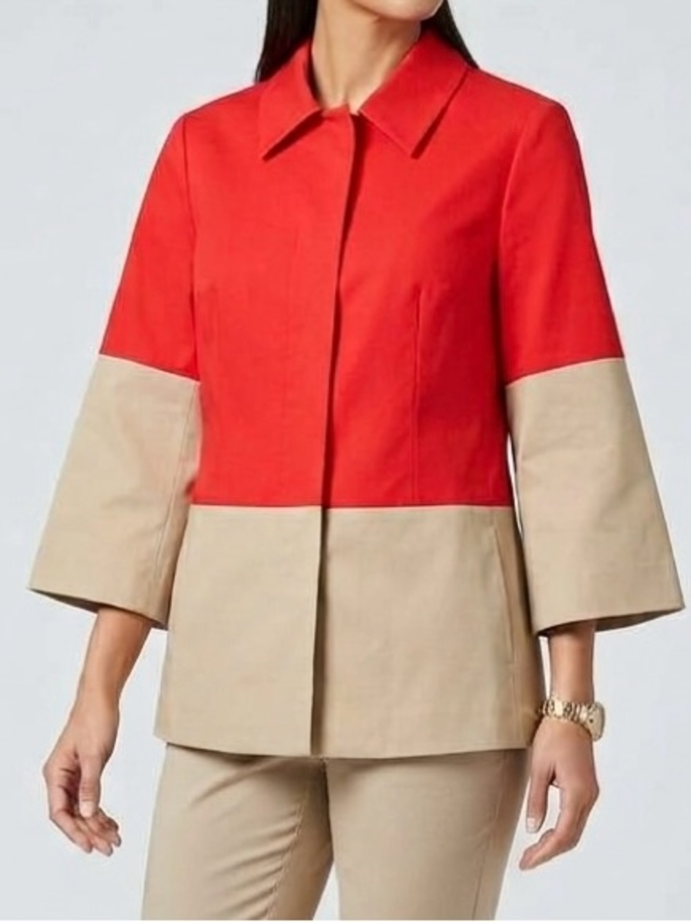 Coldwater Creek Red Tan Bold Colorblock Jacket 3/4 Kimono Sleeve 8